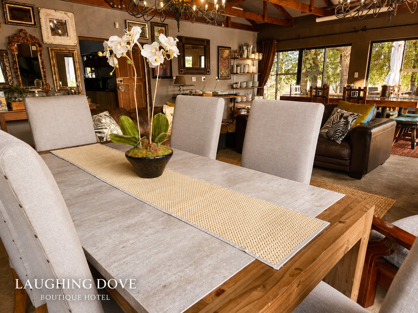 Dining table and interior at Laughing Dove