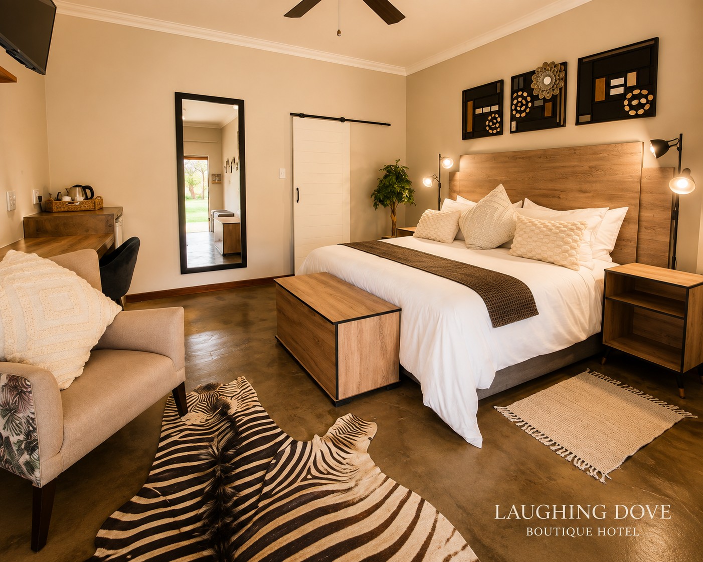 Elegant king guest room with a zebra-hide rug